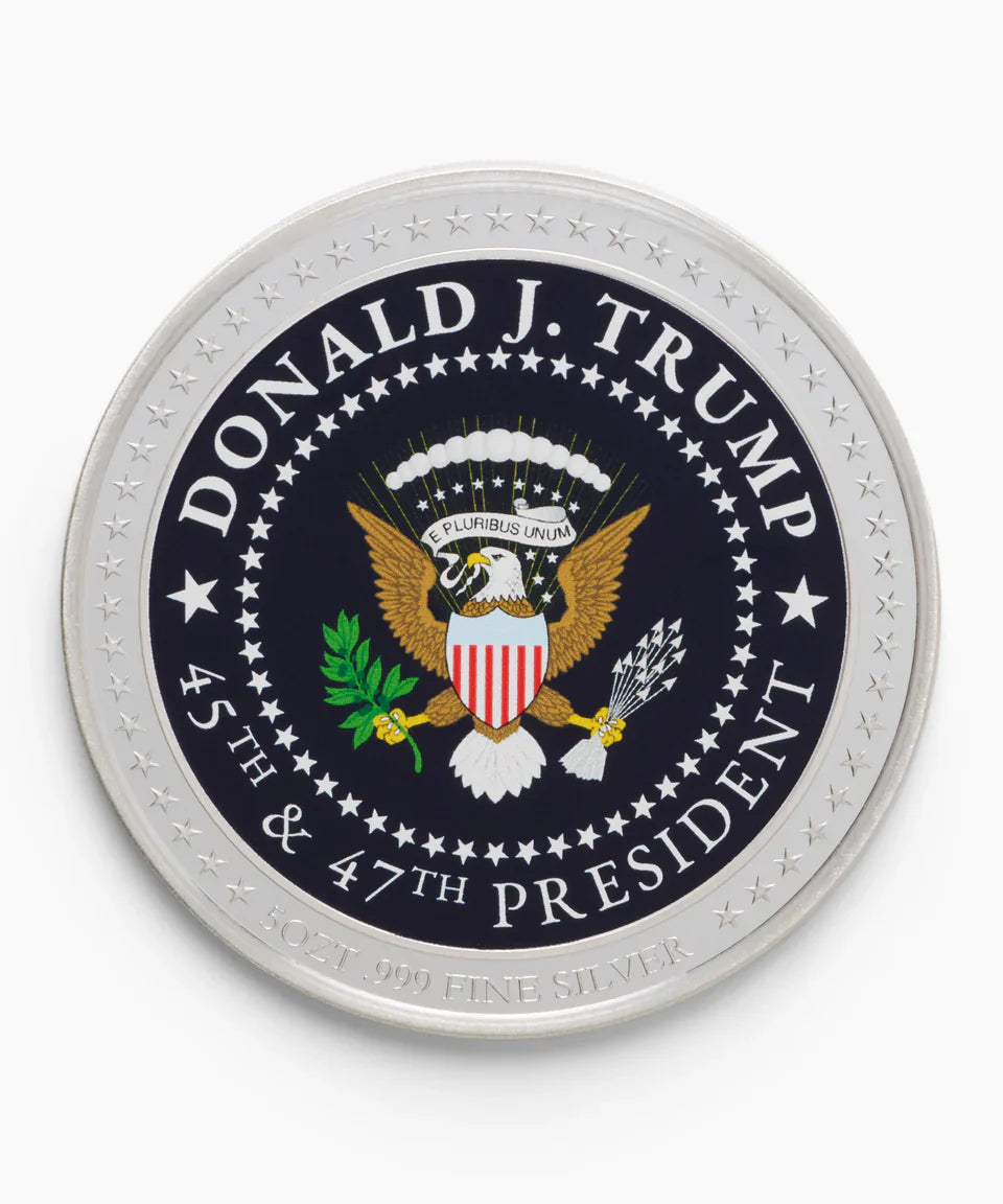 Reverse of the Trump silver coin with presidential eagle seal, 'Donald J. Trump 45th & 47th President'