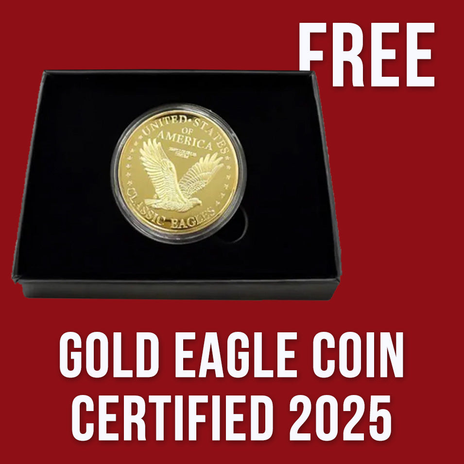 Free Gold Eagle Coin Certified 2025 in black display box, promo graphic