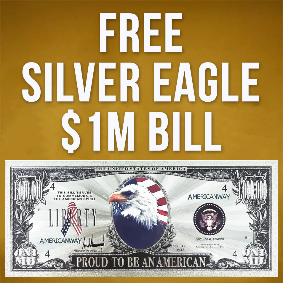 Free Silver Eagle One Million Dollar bill promo with bald eagle Proud To Be An American novelty note